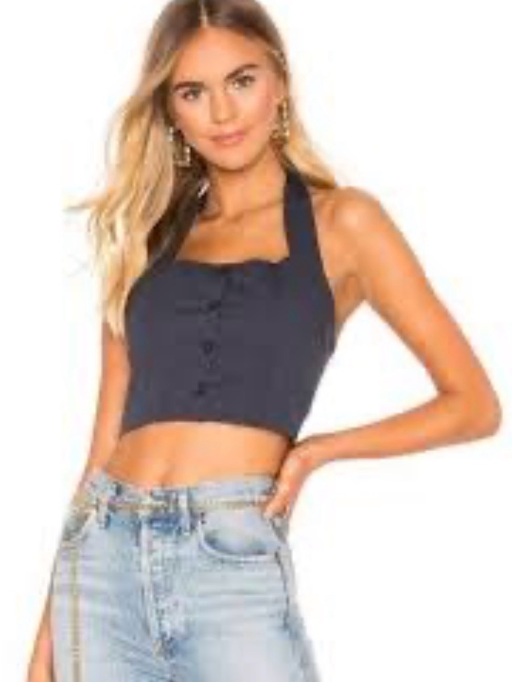 superdown Navy Halter Button-Front Crop Top